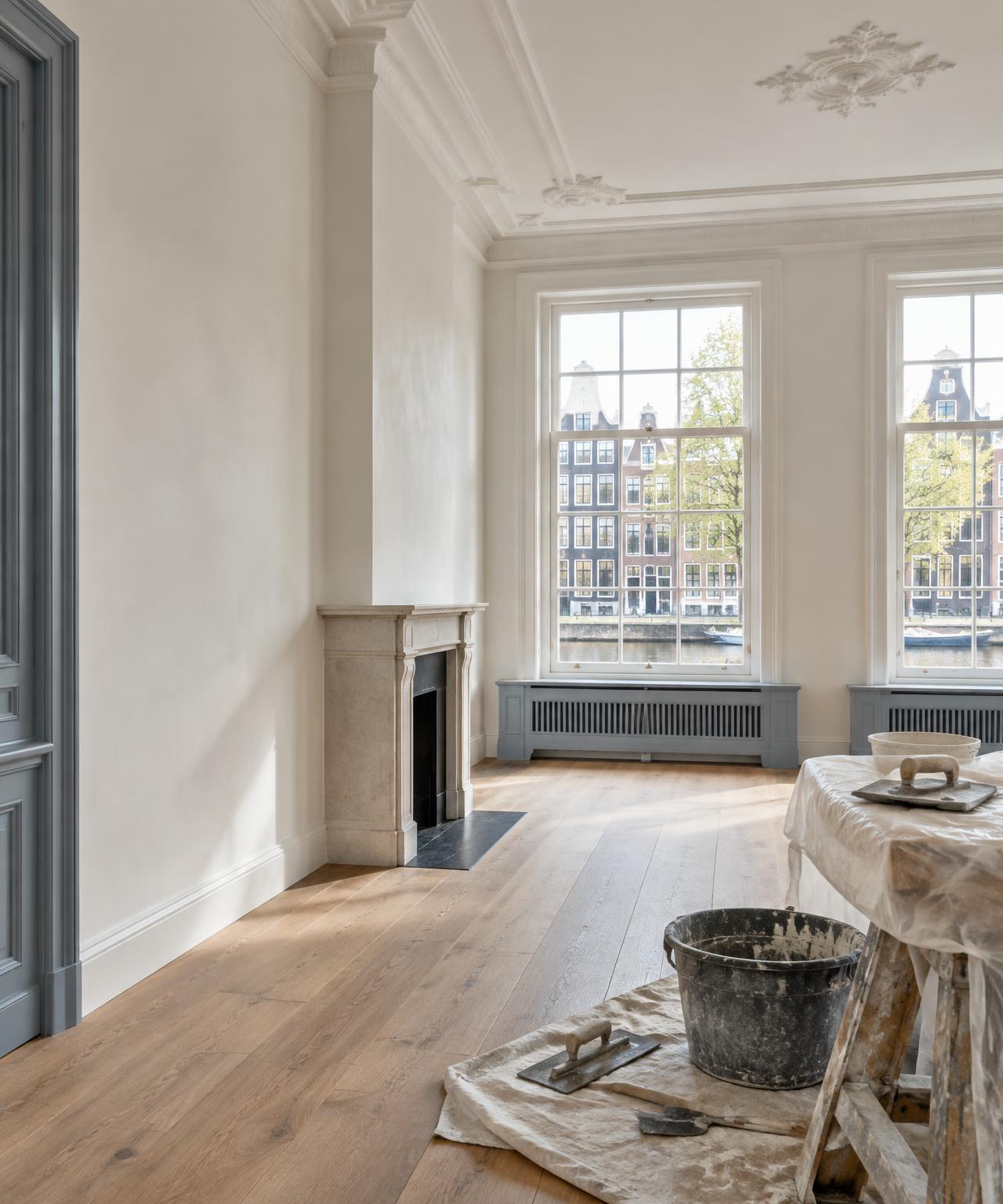 Illustratief beeld van glad gestuukte wanden in een Amsterdams interieur