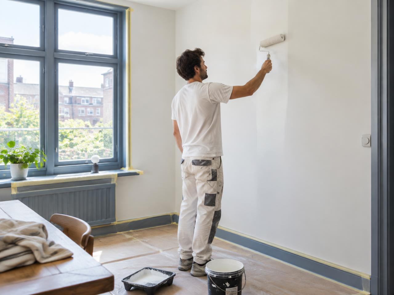 Illustratief beeld van schilderwerk op een gestuukte wand