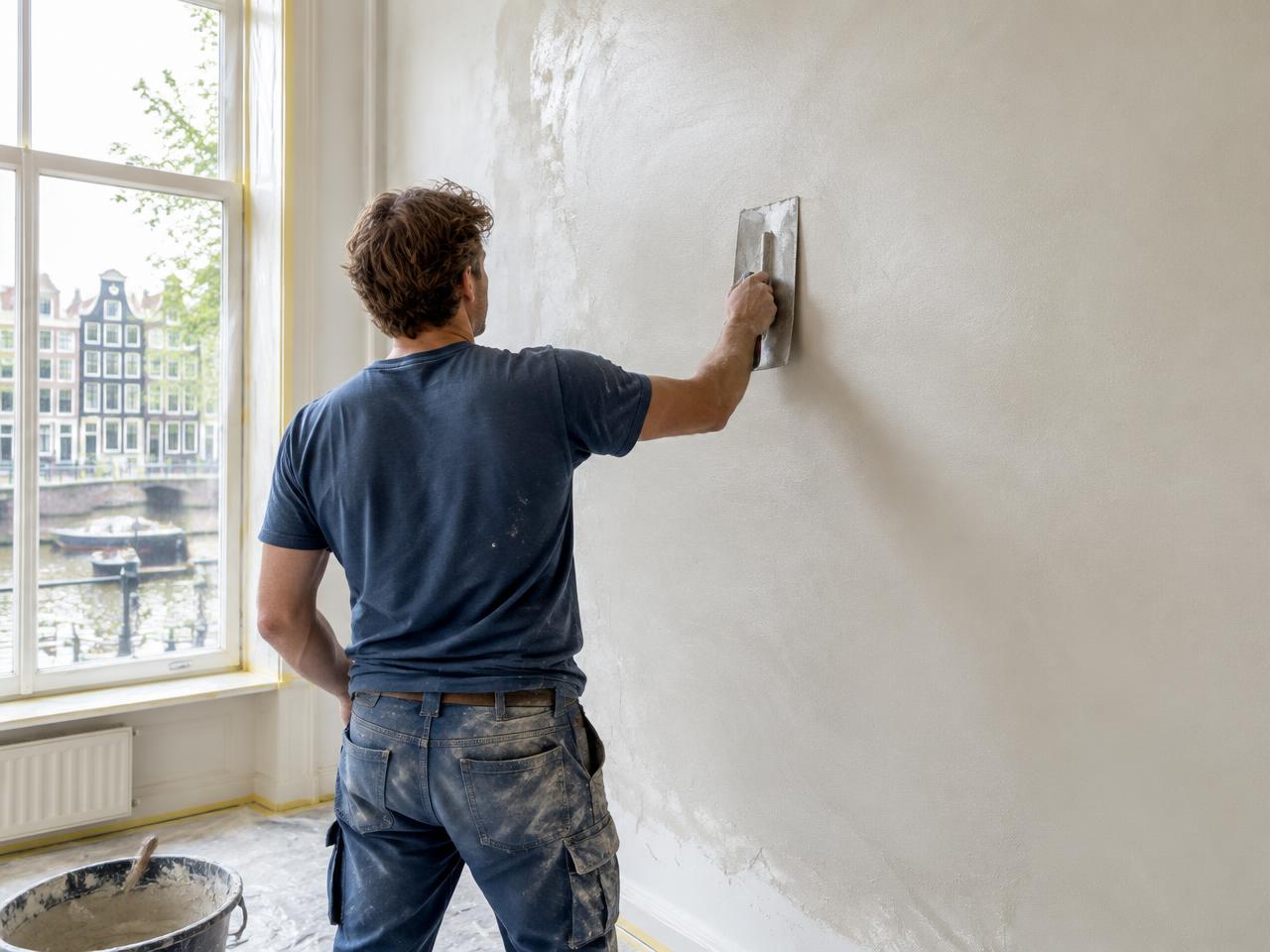Illustratief beeld van glad stucwerk op een binnenwand